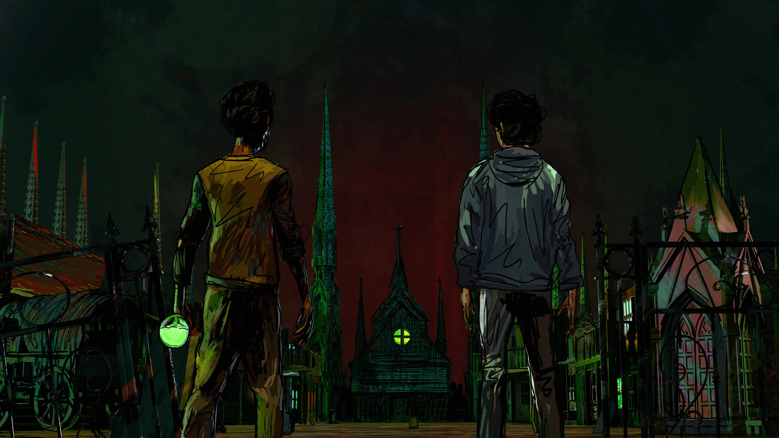 Two dead dudes walking towards the church